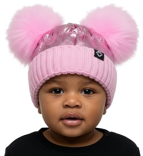 Funky Junque Baby Winter Beanie - Adorable Dual Pom Pom, Fleece Lined, Warm Infant Toddler Hat - color: Pink