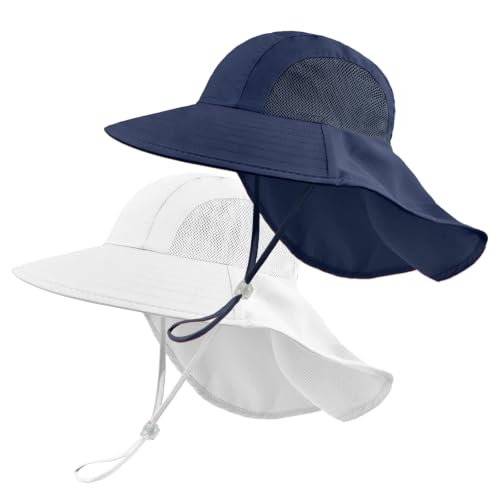 ZOORON 2-Pack Kids Sun Hat with Neck Flap, Bucket Hat for Girls Boys - color: Navy Blue+white