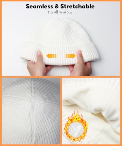 Heniho Wool Fleece Lined Fisherman Beanie for Men, Winter Warm Hats Cuffed Knit Watch Cap Trawler Hat - color: 1pack H- White