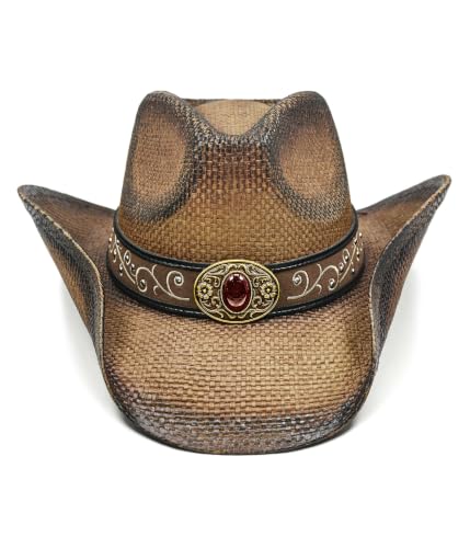 FLUFFY SENSE. Cowboy Hats for Women and Men - Distressed Straw Western Hat with Shapeable Brim for Cowboys and Cowgirls - color: Ombre Brown