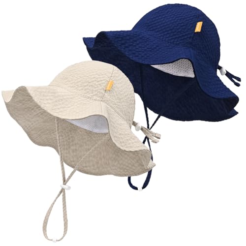 Baby Sun Hat Toddler Boy Girl Adjustable Outdoor Beach Hat Kids Wide Brim - color: Khaki & Navy -2pcs, size: 0-6 Months