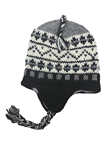 Wool Hand Knit Unisex Fleece Lined Ear Flap Beanie Sherpa Cap Hat Nepal - color: Black/Gray