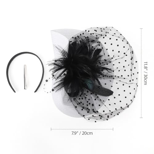 DRESHOW Fascinators Hat Flower Mesh Feathers Hat with a Headband and a Clip 7.9" Tea Party Headwear for Women - color: Folded Style 1: Black & White / 7.9"