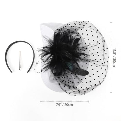 DRESHOW Fascinators Hat Flower Mesh Feathers Hat with a Headband and a Clip 7.9" Tea Party Headwear for Women - color: Folded Style 1: Black & White / 7.9"