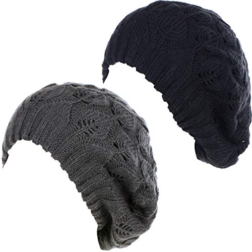 BYOS Women Mid-Weight Slouchy Leafy Cutout Crochet Soft Knit French Beret Hat - color: 2-pack-charcoal Gray & Bk