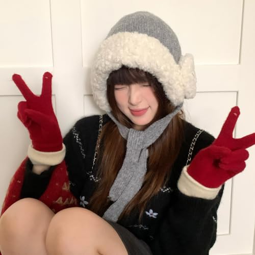 Women Winter Fleece Beanie Hat with Ear Flaps Soft Warm Crochet Skull Caps - color: White