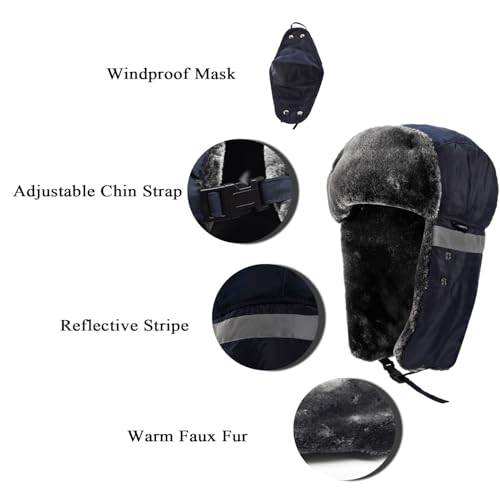 Winter Trapper Hats Ushanka Russian- Men Women Trooper Ear Flaps Hunting Face Masks Ski Snow Cold Weather - color: Navy Blue