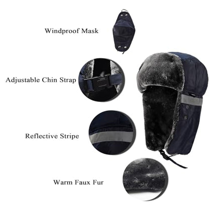Winter Trapper Hats Ushanka Russian- Men Women Trooper Ear Flaps Hunting Face Masks Ski Snow Cold Weather - color: Navy Blue