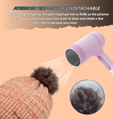 FENELY Women's Knitted Warm Beanie Winter Hat, Warm Chunky Snow Hat with Pompom - color: Orangespacedye