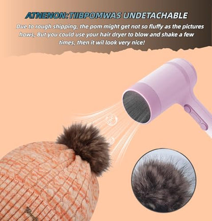 FENELY Women's Knitted Warm Beanie Winter Hat, Warm Chunky Snow Hat with Pompom - color: Orangespacedye