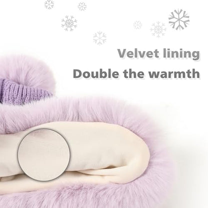 Winter Hats Cute Kint Hat Russian Fur Crochet Hat Slouchy Beanies with Pompom Warm Fuzzy Snow Cap Trapper Hat for Women - color: Light Purple