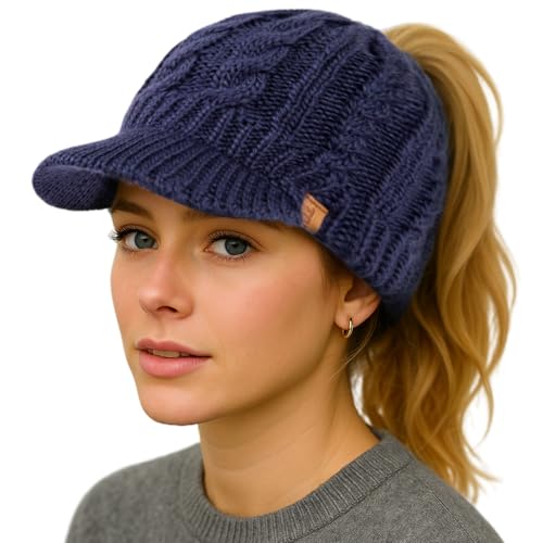 ChicPony™ Merino Wool Visor Ponytail Beanie with Brim Fleece Lined 3 Bun Openings Hole Warm Windproof Knit Cap Winter Hat - color: Midnight Blue(pony)
