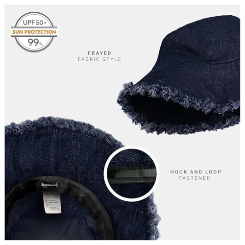 CHOK.LIDS Frayed Bucket Hat Washed Cotton Floppy Wide Brim Boonie Cap - color: Indigo Denim
