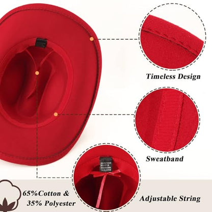 DRESHOW Western Cowboy Hat for Women and Men Wide Brim Glitter Cowboy Cowgirl Hat with Rhinestone Felt Fedora Hats - color: 1 Pack Style 10: Red
