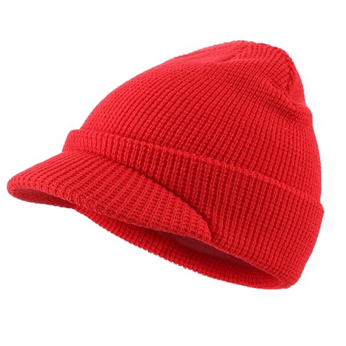 Home Prefer Mens Wool Blend Winter Hat Double-Layer Warm Knit Pre-Curve Visor Beanie Brimmed Beanies Hat for Men Women - color: Red