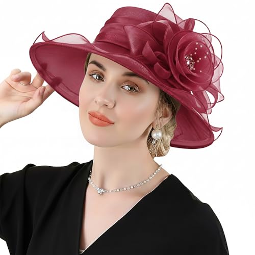 DRESHOW Women Organza Hat Church Cap Hats Clearance Kentucky Derby Cocktail Tea Party Wedding Flower Hat with Wide Brim - color: Flower Hat: Burgundy
