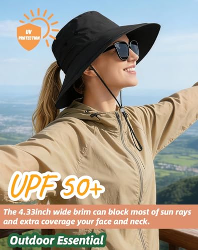 Rosoz Women Sun Hat with Ponytail Hole Wide Brim Bucket Hats UPF 50+ Beach Hiking Gardening Hat Water-Resistant Outdoot Hat - color: Black