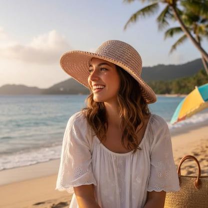 Womens Beach Sun Straw Hat Summer Floppy Wide Brim Foldable Packable - color: Aa Pink