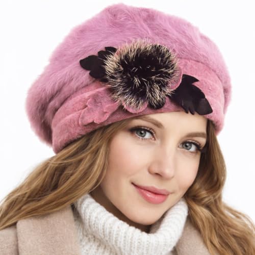 VECRY Women's 100% Wool Bucket Hat Felt Cloche Beret Dress Winter Beanie Hats - color: Angola Pink