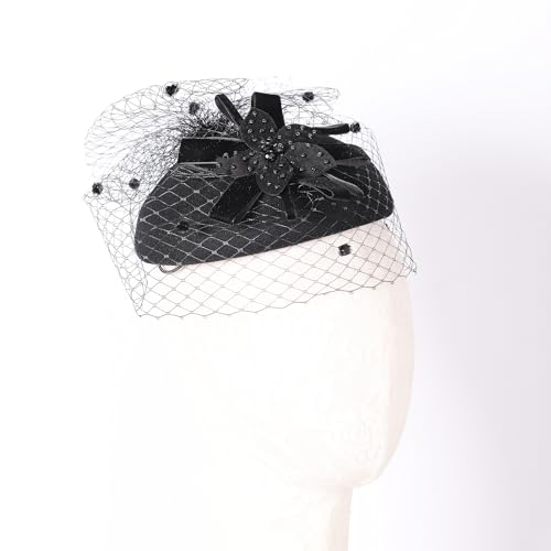 Fascinator Hats for Women with Veil Vintage Leopard Print Pillbox Hat - color: Black