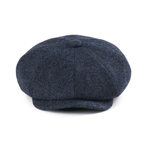 FEINION Men 8 Panel Herringbone Wool Newsboy Cap - color: Herringbone Navy, size: 7 3/8
