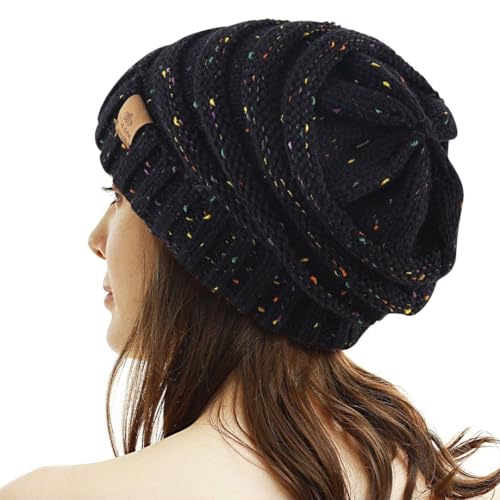 Womens Winter Beanie Warm Knit Hat Cable Stretch Trendy Ribbed Chunky Cap - color: Dot Black