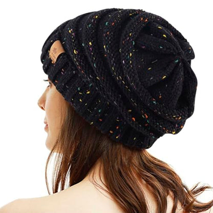 Womens Winter Beanie Warm Knit Hat Cable Stretch Trendy Ribbed Chunky Cap - color: Dot Black