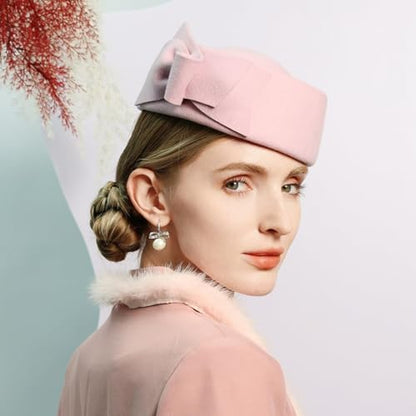 HIMESPORT Wool Felt Bowler Fascinators Hats for Women Ladies Female Elegant Wedding Tea Party Beret Hat with Bowknot - color: Pink