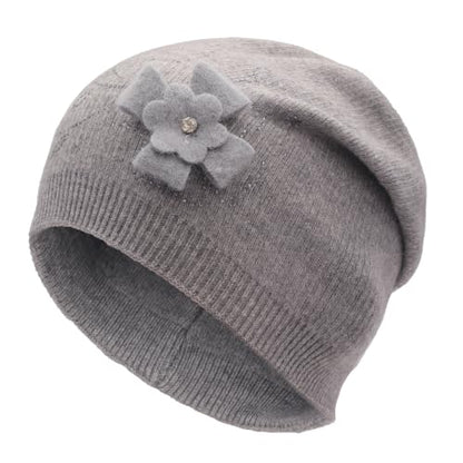 ZLYC Women Floral Slouchy Beanie Hat Double Layer Winter Knit Skull Cap - color: Floral Gray