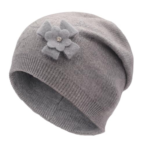 ZLYC Women Floral Slouchy Beanie Hat Double Layer Winter Knit Skull Cap - color: Floral Gray