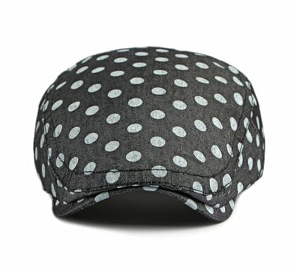 QHFHULV Newsboy Cap for Men Cotton Flat Gatsby Ivy Golf Cabbie Driving Hat - color: Black White Dot