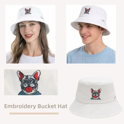ZLYC Cotton Bucket Hat for Women Men Embroidered Packable Summer Sun Cap - color: Bulldog White