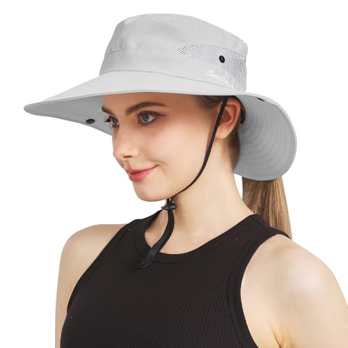 NPJY Ponytail Sun Hats for Women Men Wide Brim UPF Fishing Bucket Hat - color: Lightgrey(ponytail Hole)