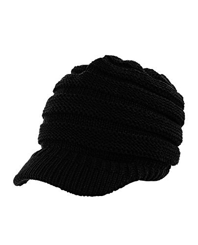 C.C Warm & Thick Cable Knitted Brim Visor Beanie Cap - color: Black