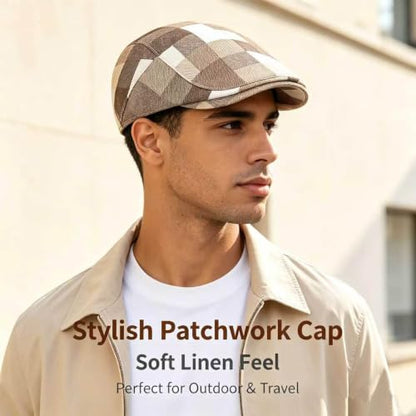 Flat Cap for Men Cotton Plaid Ivy Newsboy Hat Driving Golf Cap - color: Khaki