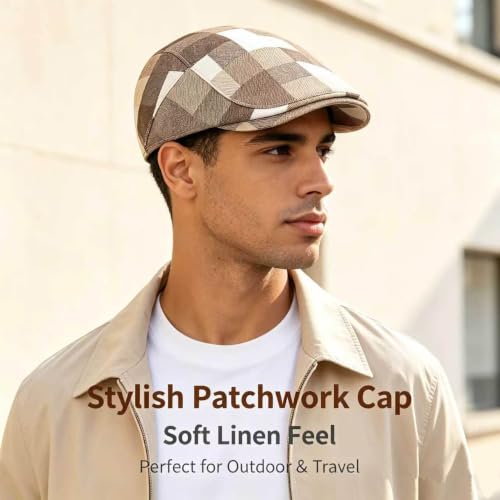 Flat Cap for Men Cotton Plaid Ivy Newsboy Hat Driving Golf Cap - color: Khaki