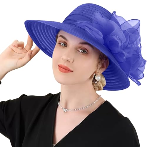 DRESHOW Lady Derby Dress Church Bowler Cloche Hat Bowknot Organza Bridal Cap for Wedding - color: 1 Pack Bowler Hat: Sapphire Blue