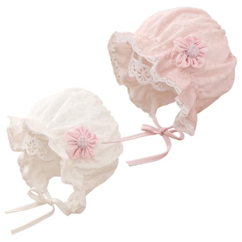 Lovely Baby Girl Bonnet Soft Ruffle Brimmed Newborn Baby Beanie - color: Lace Flower Pink & White