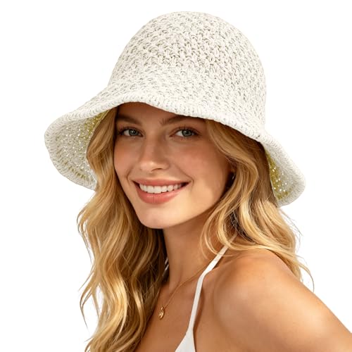 Sun Hat for Women Summer Straw Beach Hats Bucket Hat Floppy Crochet Hat - color: White
