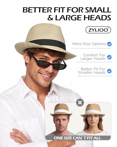 Zylioo XXL XL Straw Hats for Men Big Heads,L M S UV Summer Fedora Panama,UPF Beach Sun Hats for Women Travel Hat - color: Cuban-khaki-a
