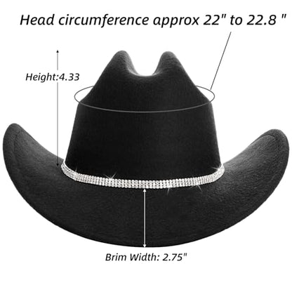 Dicunoy 2 Pack Black Cowboy Hats, Glitter Western Hats for Women, Bling Wide Brim Cowboy Hat with Shiny Rhinestones Band for Halloween, Parties, Costumes, Fishing, Camping, DIY, Dress-Up, Adults