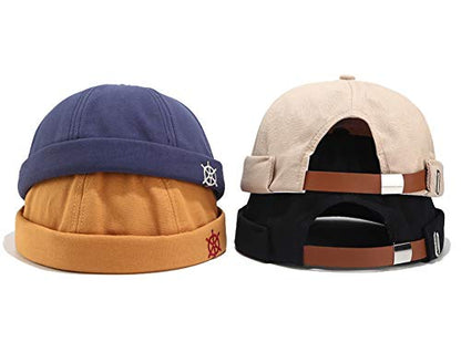 Rudder Embroidery Pattern Sailor Cap Rolled Cuff Retro Brimless Hat - color: B-beige