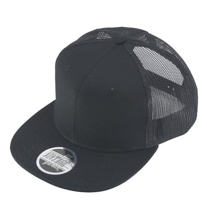 Plain Cotton Twill Flat Brim Mesh Adjustable Snapback Trucker Baseball Cap - color: Black B