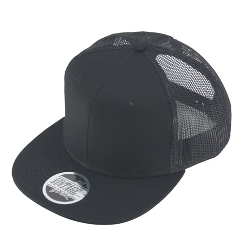 Plain Cotton Twill Flat Brim Mesh Adjustable Snapback Trucker Baseball Cap - color: Black B
