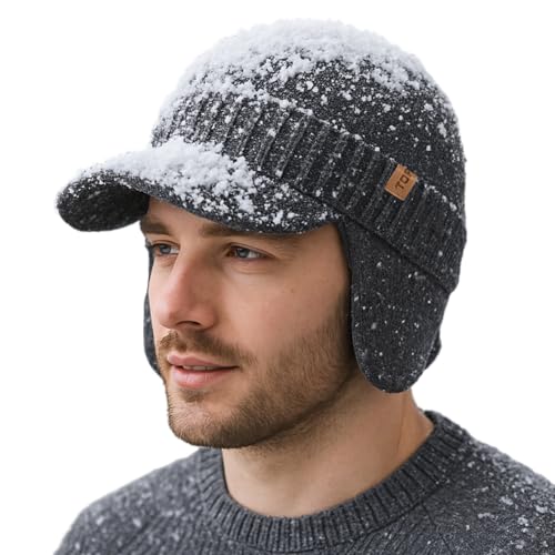 TOP-EX DryKnit™ 80% Merino Wool Waterproof Warm Brim Beanie with Ear Flaps - color: Grey (Waterproof), size: Medium-Large