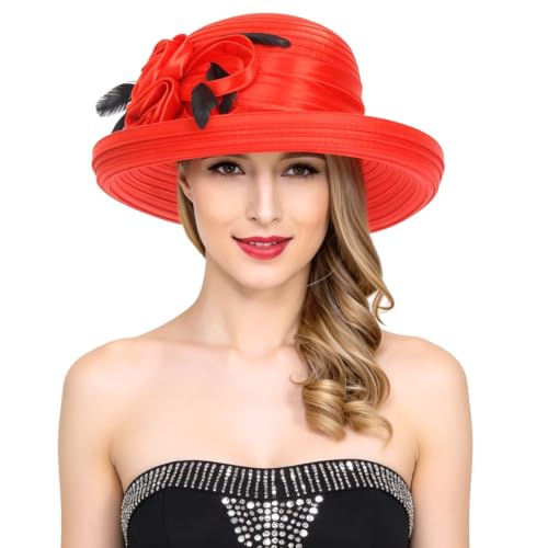 Ruphedy Women Derby Church Dress Bucket Hat Fascinators Tea Party Wedding Hat - color: Sd702-red