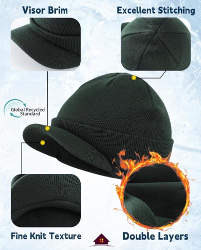 Home Prefer Men's Winter Beanie Hat with Brim Warm Double Knit Cuff Beanie Cap Watch Radar Hat - color: Bottle Green
