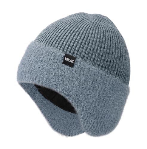 Wmcaps Winter Fleece Lined Beanie with Earflaps for Men Women Outdoor - color: Grey Blue