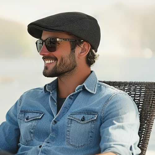 Cabbie Hats for Men Summer,Cotton Beret Newsboy Hat Ivy Gatsby Adjustable Flat Cap Beret for Driving - color: A02-black