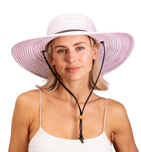 Sloggers Women's Wide Brim Braided Sun Hat with Wind Lanyard - UPF 50+ Maximum Sun Protection - color: Lavender